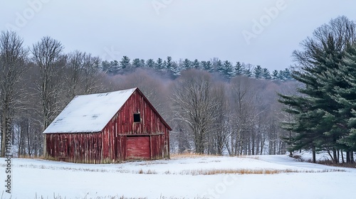 Rustic Red Barn in Snowy Landscape. Winter Countryside Scene.