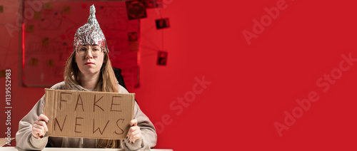 Female conspiracy theorist in protective foil cap and glasses debunks myths holding poster fake news. Conspiracy theory concept. The schizophrenic works. Banner. photo