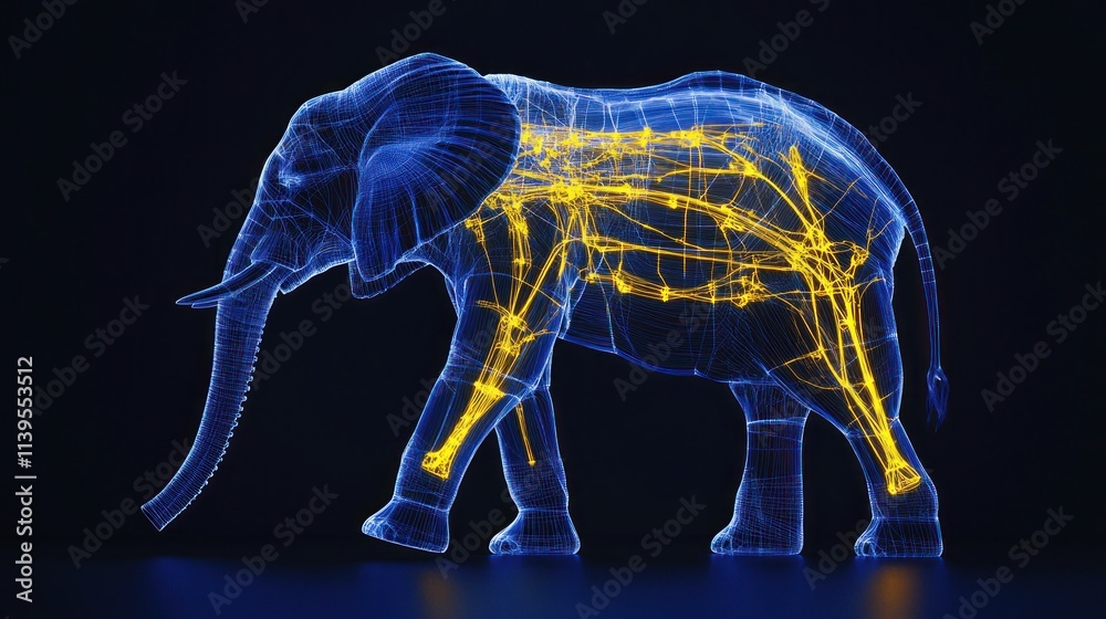 3D rendered anatomical wireframe of an elephant, showcasing skeletal and musculature structure. 3D rendered anatomical wireframe of an elephant, showcasing skeletal and musculature structure.