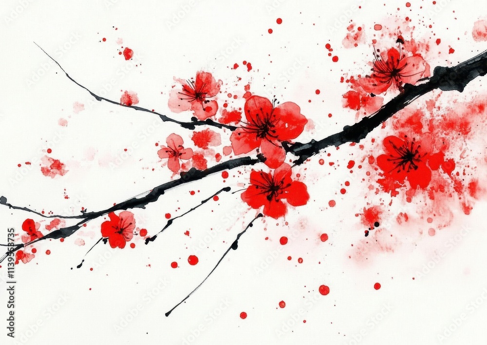 Obraz premium The artwork showcases vibrant red flowers contrasting against dark black branches.