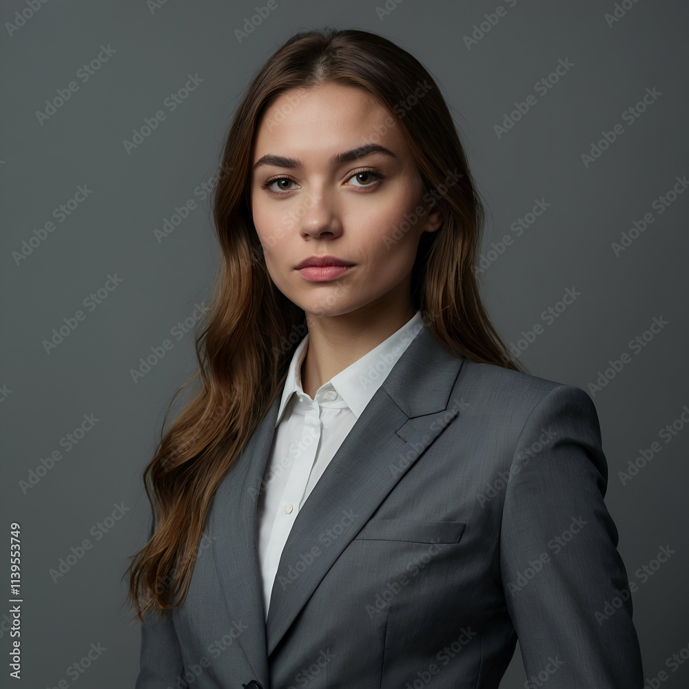 confident and charisma business woman standing against grey background confident and charisma business woman standing against grey background