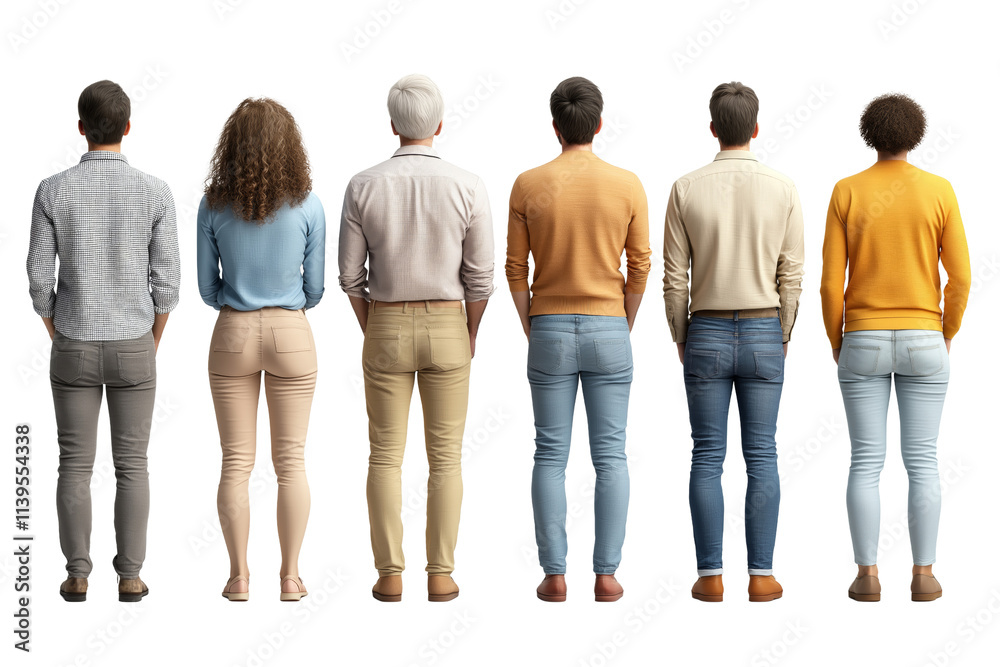 Obraz premium A diverse group of people standing side by side, viewed from the back, showcasing different styles and colors in clothing. isolated PNG transparent background.