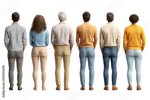 A diverse group of people standing side by side, viewed from the back, showcasing different styles and colors in clothing. isolated PNG transparent background.