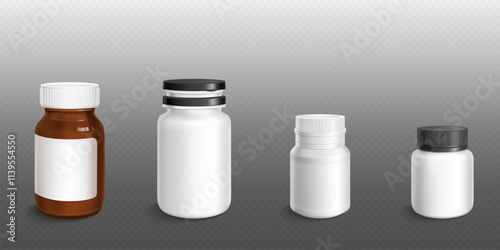 Pharmaceutical supplement bottles and containers. White and amber plastic or glass jar with different caps and lids for storing vitamins, medicines or dietary additives. Realistic 3d vector set.