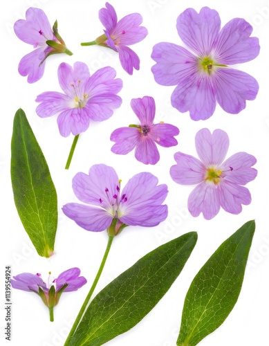 Isolated studio shot of dame's rocket - hesperis matronalis - flowers and leaves on a white background, creating a visually striking composition photo