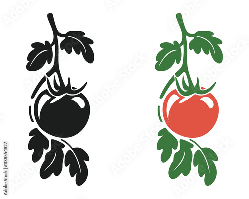 A simple illustration of a tomato on the vine, in both black and red.