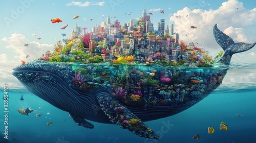 City on a whale, underwater metropolis, floating metropolis. photo