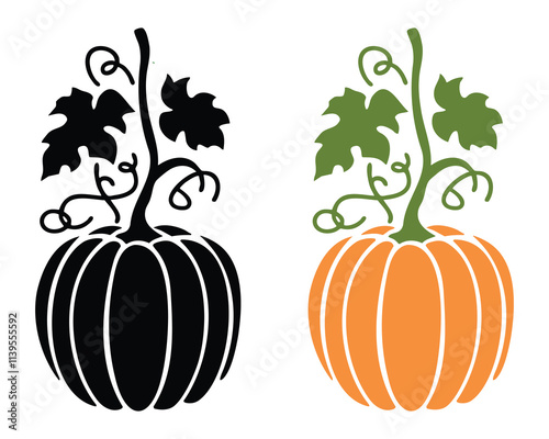 A pair of stylized pumpkins, one black and one orange, are shown with vines and leaves.