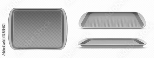 Plastic food tray mockups set isolated on transparent background. Vector realistic illustration of flat gray container for serving meal at school canteen, cafeteria, self-service cafe, top side view