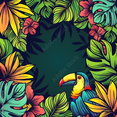 Tropical toucan surrounded by vibrant flora in a lush jungle landscape nature illustration colorful view photo