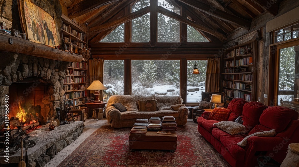 Cozy winter cabin living room with fireplace, bookshelves, and snowy views. Cozy winter cabin living room with fireplace, bookshelves, and snowy views.