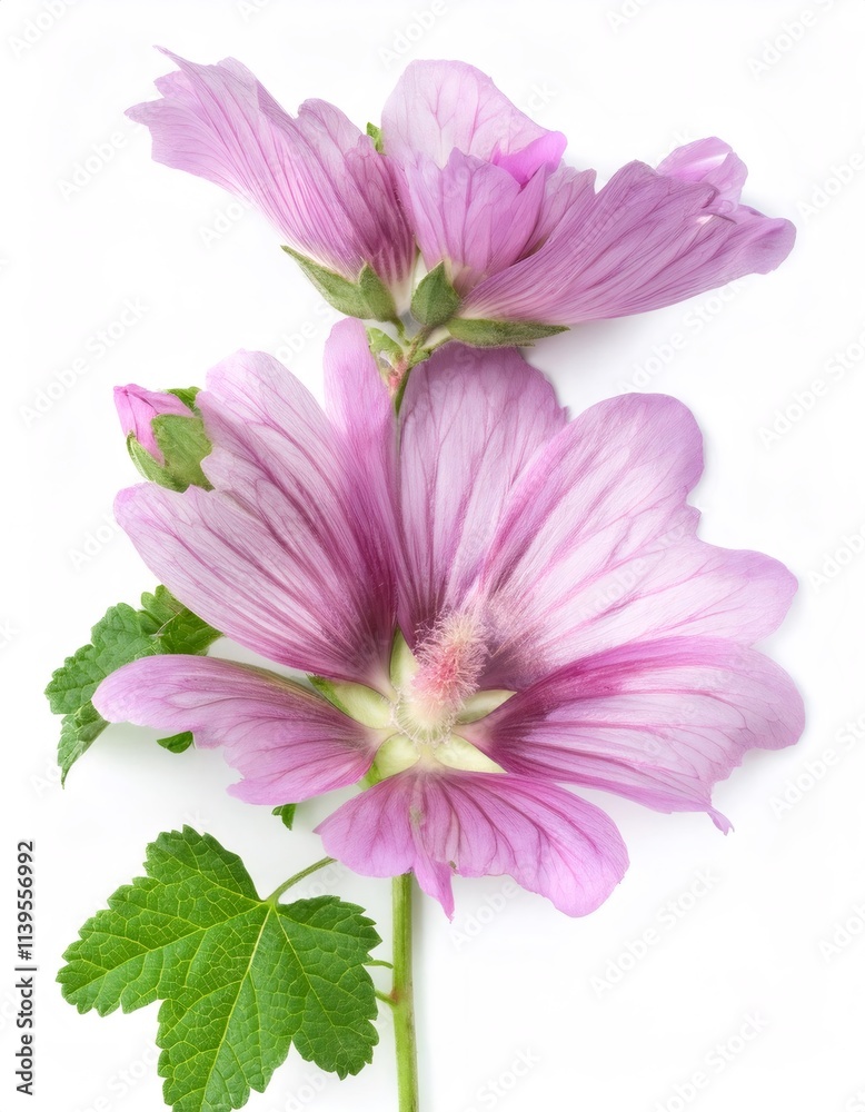 Fototapeta premium Common mallow flower in vibrant purple, captured in a studio shot against a clean white background, showcasing its natural beauty