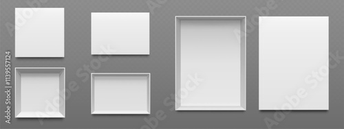 Top view empty open and closed white boxes mockup set on grey background. Different sized rectangular and square frames of various product packaging designs for brand presentation and promotion.