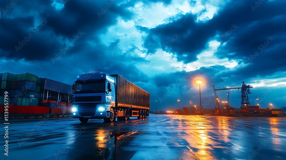 Fototapeta premium Truck at night port, cargo transportation, logistics, delivery