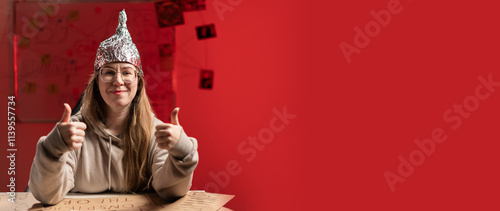 Female conspiracy theorist in protective foil cap and glasses debunks myths showing gesture two hands with thumb-up. Conspiracy theory concept. The schizophrenic works. Banner. photo