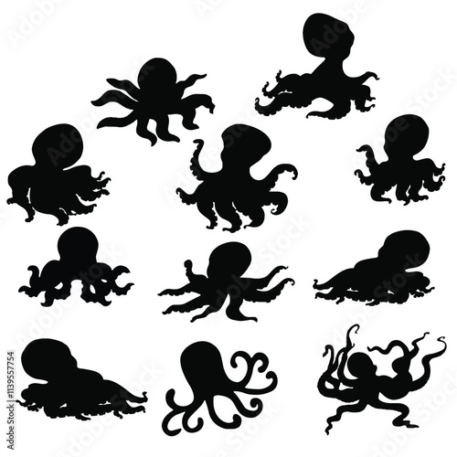 Cute cartoon hand drawn vector octopus silhouette icons.