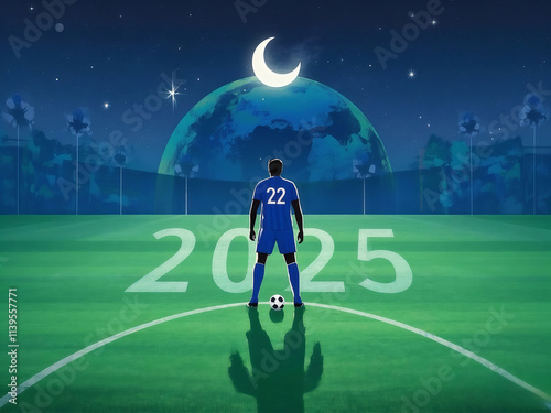 Happy new year 2025 soccer player with ball at night in stadium. 300dpi