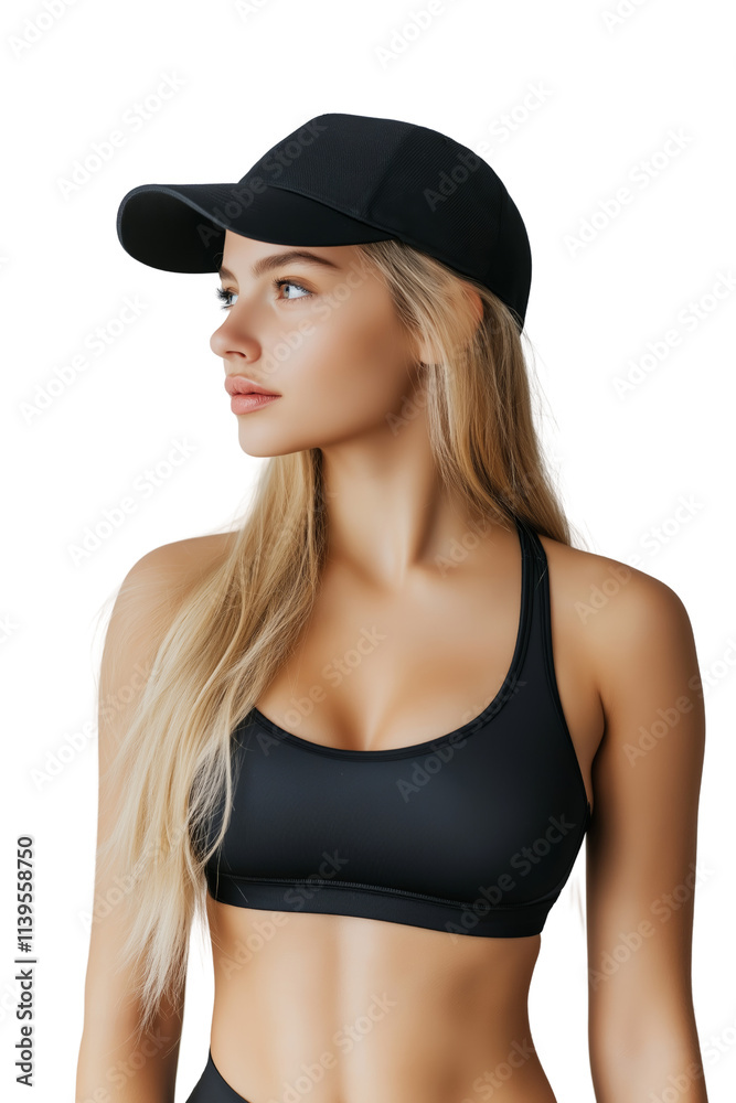 Profile of a young woman in a black sports bra and cap, exuding confidence and fitness. isolated PNG transparent background. Profile of a young woman in a black sports bra and cap, exuding confidence and fitness. isolated PNG transparent background.