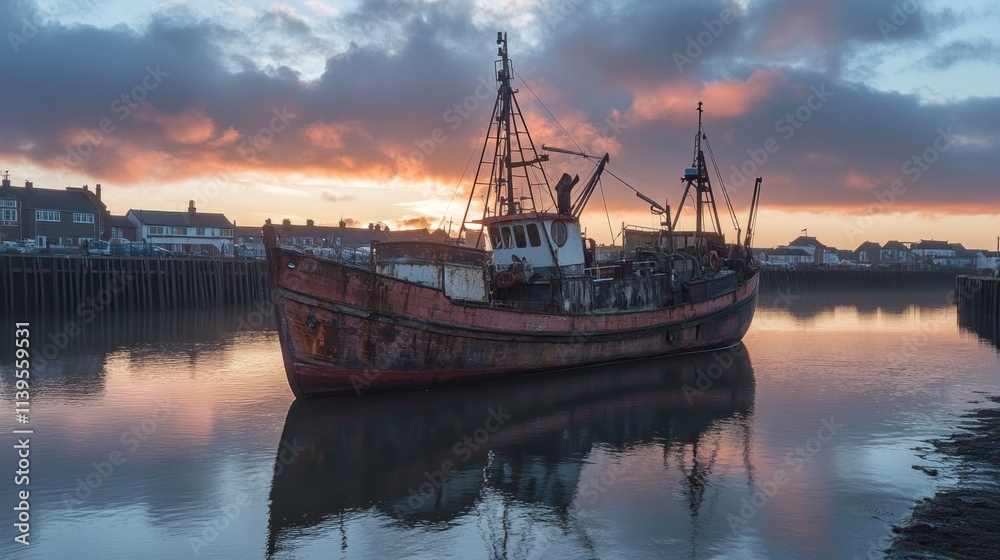 A weathered fishing boat docked at sunset, reflecting on calm waters. A weathered fishing boat docked at sunset, reflecting on calm waters.