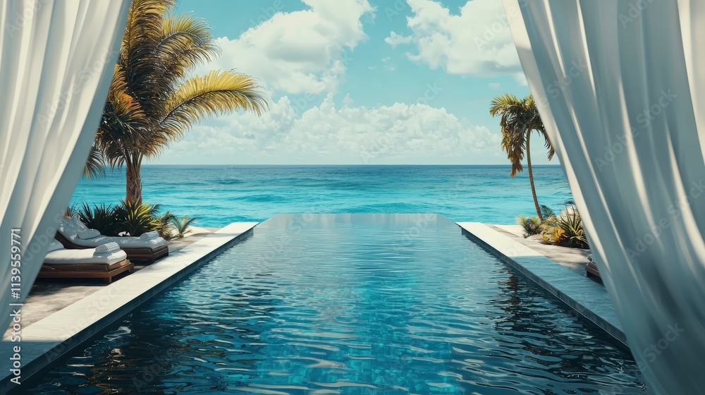 Fototapeta premium Maldives tropical paradise beachfront villa with infinity pool panoramic views and serenity for a luxurious retreat