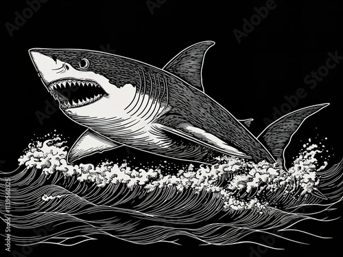 Vector Illustration of a Shark with Waves - A Woodcut Engraving

 photo