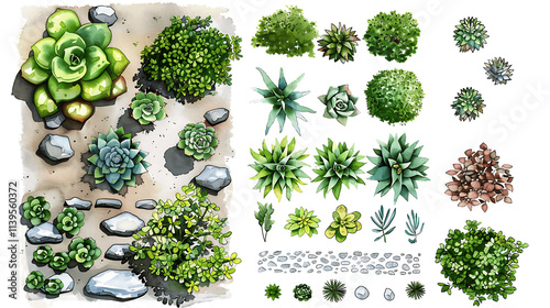 Hand-painted watercolor trees and planst. Top down view of plants, shrubs, paths landscape design materials for architecture plans. Landscape layout plan and architecture drawing elements