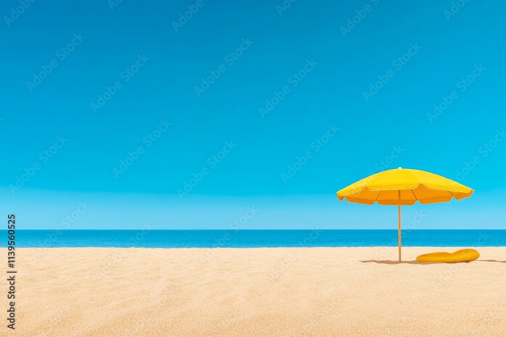 A pair of umbrellas on a sandy beach under a clear blue sky, representing relaxation and vacation vibes. Generative AI A pair of umbrellas on a sandy beach under a clear blue sky, representing relaxation and vacation vibes. Generative AI