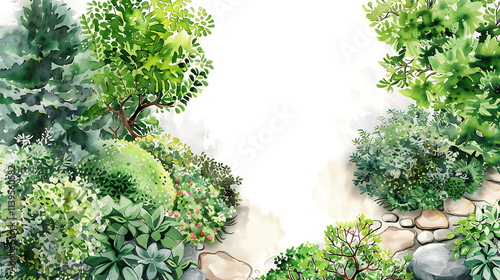 Hand-painted watercolor trees and planst. Top down view of plants, shrubs, paths landscape design materials for architecture plans. Landscape layout plan and architecture drawing elements photo