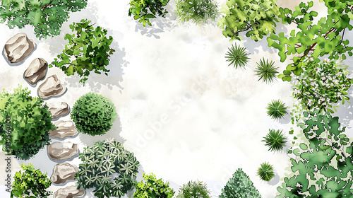 Hand-painted watercolor trees and planst. Top down view of plants, shrubs, paths landscape design materials for architecture plans. Landscape layout plan and architecture drawing elements