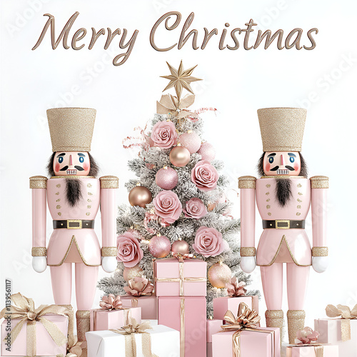 A

Midjourney...

APP

11/03/2024 5:25 AM

[Two elegant pink and gold nutcracker soldiers flanking a blush pink Christmas tree adorned with roses and poinsettias, surrounded by presents, 