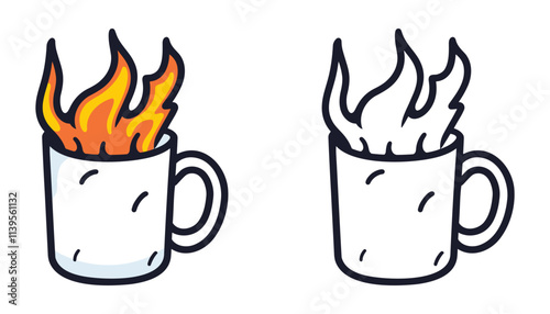 Hot beverage in a mug with flames.  A fun, colorful illustration.