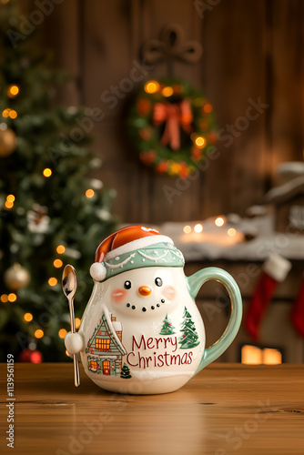 Ceramic mug with a snowman-shaped handle, a green hat, and a white body in front of a house decorated for Christmas, with 