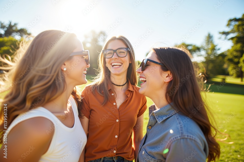 Fototapeta premium Three Young Women Laughing Together in a Beautiful Park Setting, Perfect for Social Media, Advertising, and Friendship Campaigns