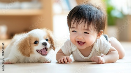 A joyful Asian baby boy laughs while lying on the floor next to an adorable fluffy puppy, capturing a heartwarming moment of playfulness and friendship.