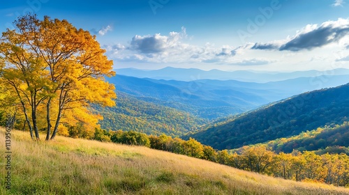 Autumn Mountain Landscape with Golden Trees. Scenic View of Valley and Peaks.