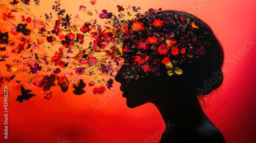 Woman's silhouette adorned with vibrant flowers and butterflies against a red background.