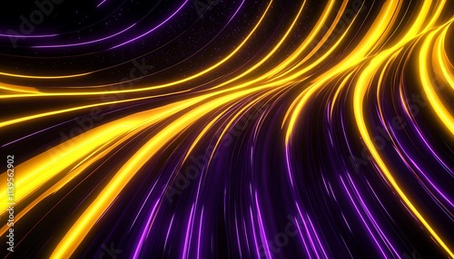 Glowing yellow and purple radiant lines flowing symmetrically in arcs