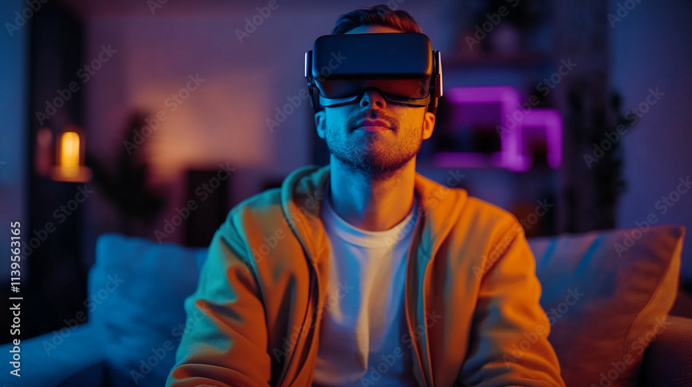 Young Man Engaged in Virtual Reality Gaming Experience with Headset in Dimly Lit Room Surrounded by Neon Lights and Soft Furnishings Young Man Engaged in Virtual Reality Gaming Experience with Headset in Dimly Lit Room Surrounded by Neon Lights and Soft Furnishings