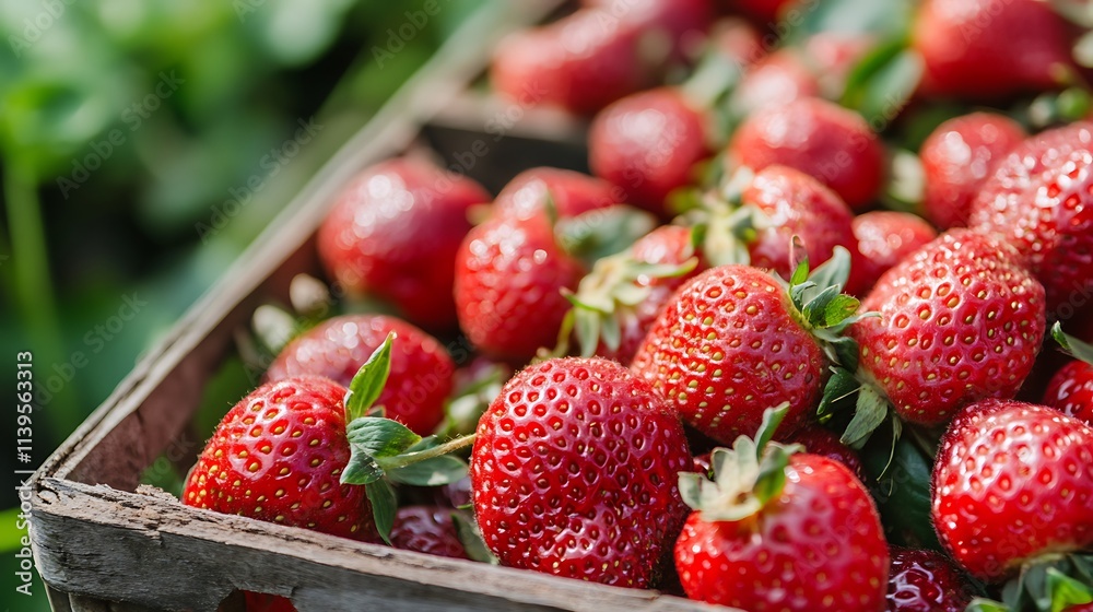 Fresh Strawberries in Wooden Crate. Concept of Summer Harvest and Healthy Eating. Fresh Strawberries in Wooden Crate. Concept of Summer Harvest and Healthy Eating.