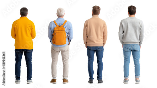 Group of diverse men standing in line, showing back views, wearing casual outfits, isolated PNG transparent background.