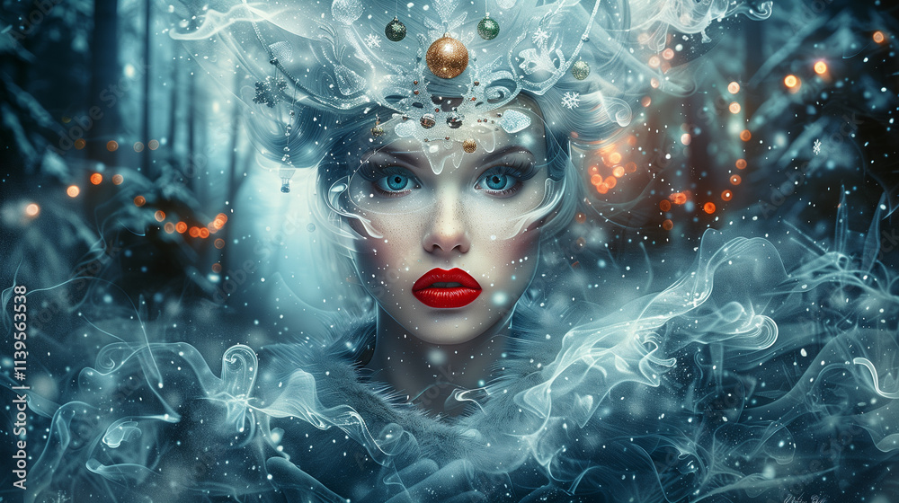A dramatic portrait of the Snow Queen with chillingly beautiful features, her face surrounded by a swirling icy mist. A dramatic portrait of the Snow Queen with chillingly beautiful features, her face surrounded by a swirling icy mist.