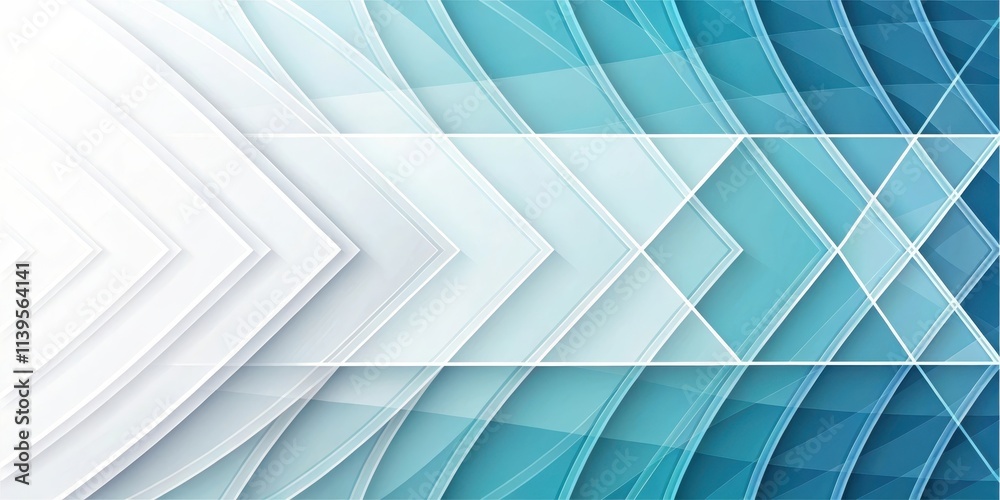 Fototapeta premium Abstract Blue and White Geometric Design with Overlapping Shapes and Arrow Motifs