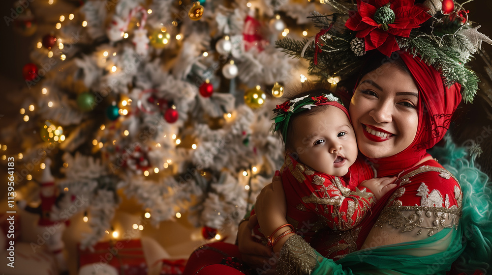 A happy mummy wearing red and green gauze styled for Christmas, holding her baby close in a cozy holiday setting. A happy mummy wearing red and green gauze styled for Christmas, holding her baby close in a cozy holiday setting.