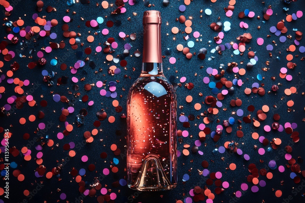 Fototapeta premium Bottle of pink wine is surrounded by confetti