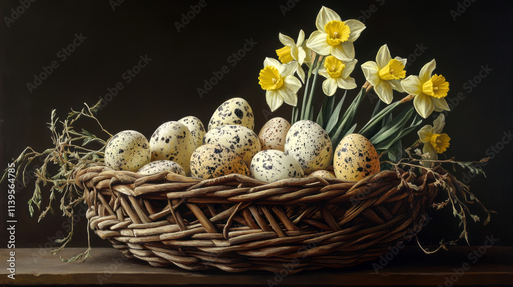 Obraz premium Rustic basket of speckled eggs and daffodils