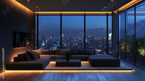 Minimalist lounge area with corner light, simple sofa, and open city view at night 