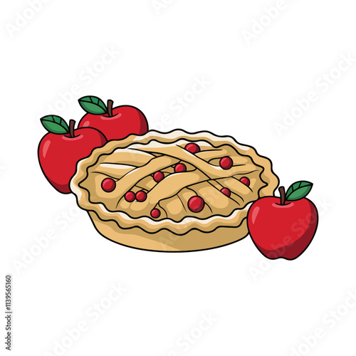 Freshly Baked Apple Pie vector Illustration with Red Apple isolated on white backgrounds
