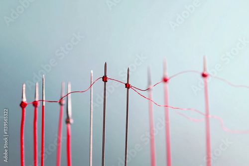 the red thread runs through several needles. business concept