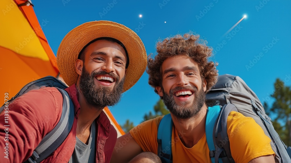 Two cheerful men pose for a selfie while enjoying a camping trip. They wear hats and backpacks, surrounded by nature under a bright blue sky, showcasing a joyful outdoor adventure Two cheerful men pose for a selfie while enjoying a camping trip. They wear hats and backpacks, surrounded by nature under a bright blue sky, showcasing a joyful outdoor adventure