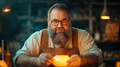 man with a bushy beard and glasses sits in a warmly lit workshop, cradling a glowing candle. space is filled with tools and shelves, creating an inviting atmosphere for crafting